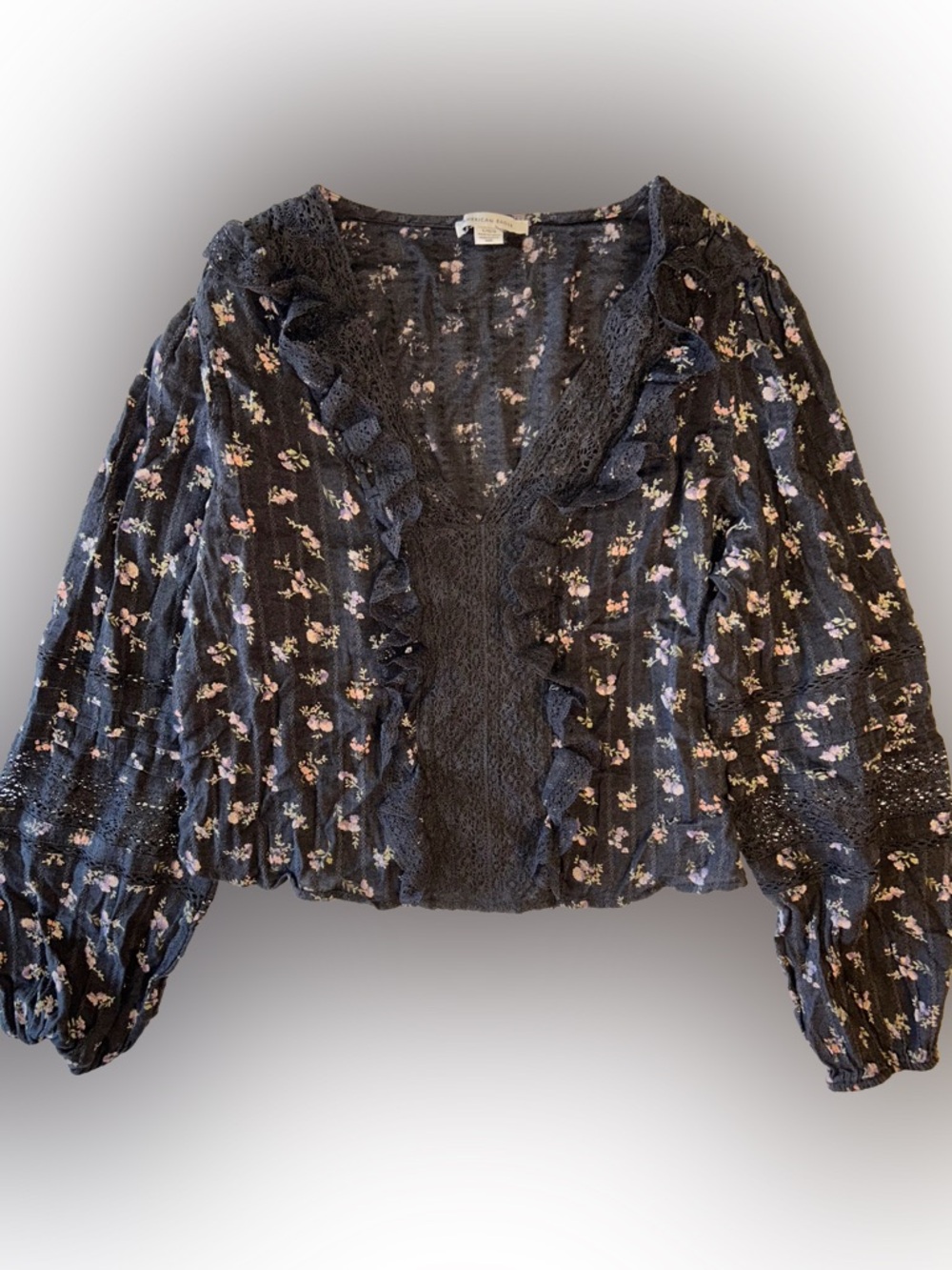 American Eagle Floral Boho Blouse Lace Detail